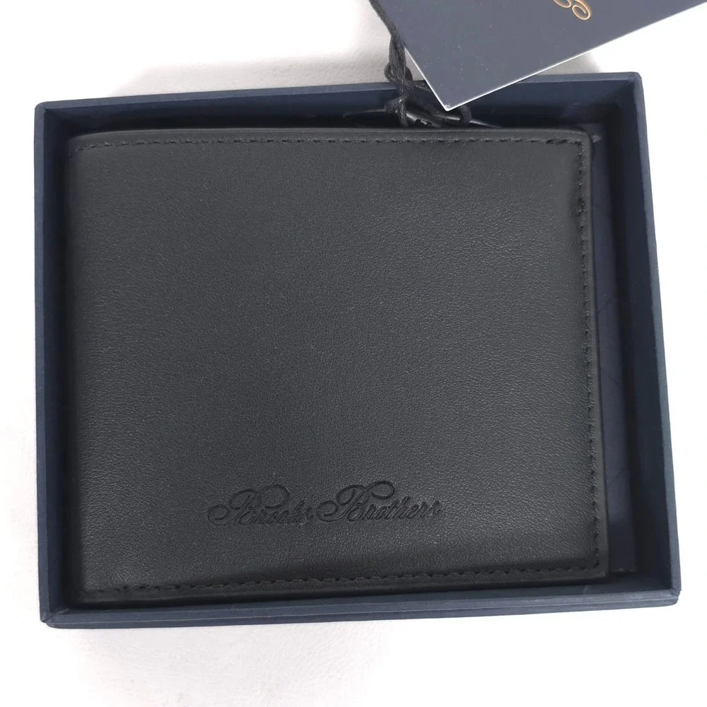 BROOKS BROTHERS Mens New Wallet Black Leather Bifold Card Slots Logo Gift Box